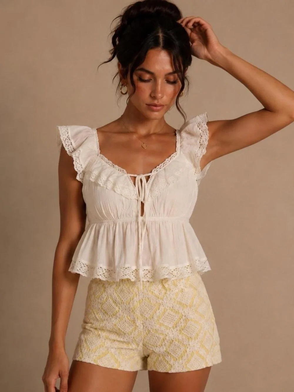 Vintage Yellow Lace Overlay High-Waist Shorts